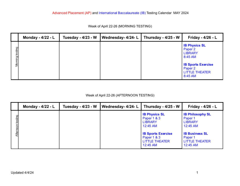 AP & IB Exam Schedule May 2024 Washington Liberty